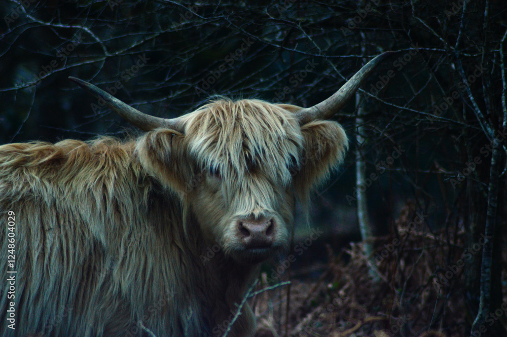 Fototapeta premium A blonde highland cow staring at the camera on a cold winter evening 