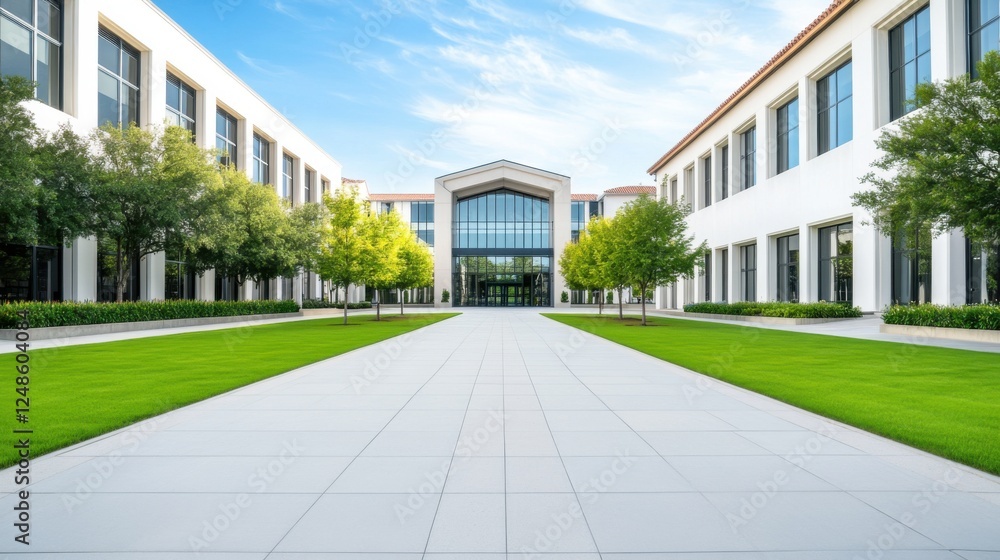 Modern Architectural Design of an Office Complex Surrounded by Lush Green Landscape and Clear Blue Sky Modern Architectural Design of an Office Complex Surrounded by Lush Green Landscape and Clear Blue Sky
