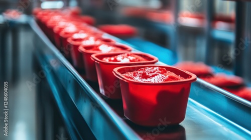 Red containers filled with sauce on a conveyor belt in a busy food processing facility
