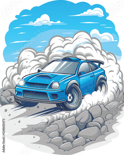 A vibrant illustration of a rally car, dust flying, speeding across a challenging desert landscape.  Focus on the car's dynamic movement and the harsh beauty of the desert.