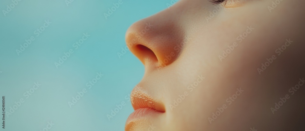 close up of a human face against a blue sky. close up of a human face against a blue sky.