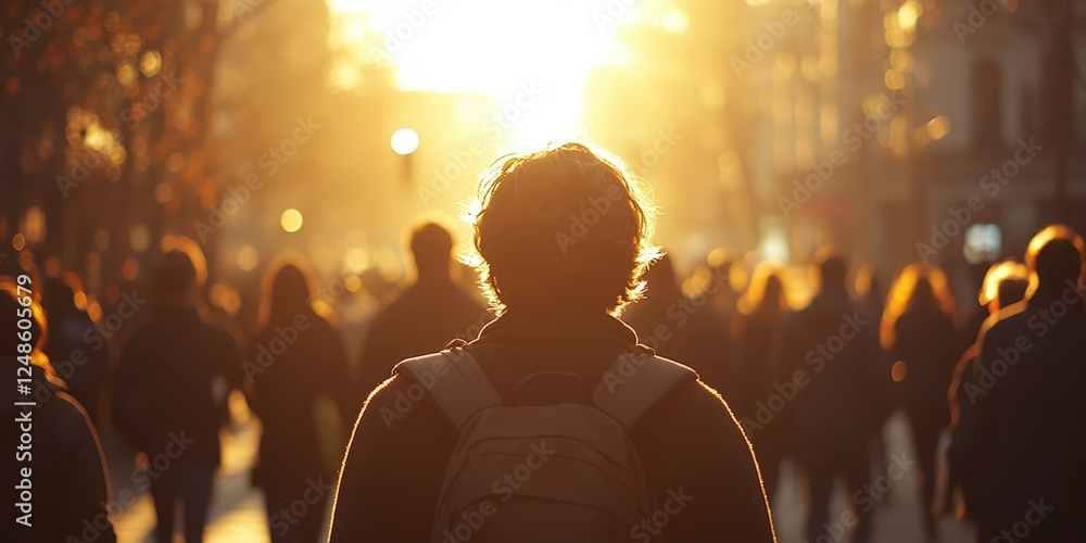 Bustling Crowd of People Walking Together Down the Street During Golden Hour with Warm Sunlight Filtering Through the Trees Bustling Crowd of People Walking Together Down the Street During Golden Hour with Warm Sunlight Filtering Through the Trees