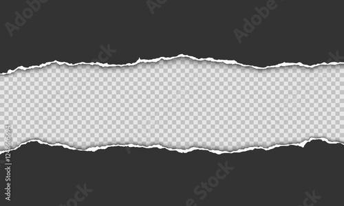 Vector horizontal torn paper edge. Ripped paper strip with soft shadow.