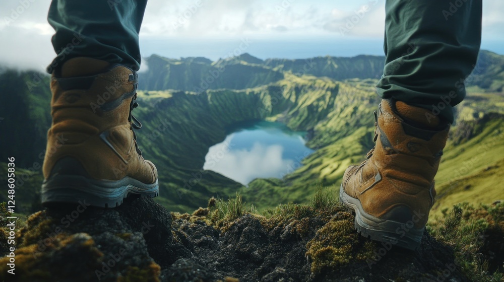 Hiking boots on volcanic crater rim overlooking a lake Hiking boots on volcanic crater rim overlooking a lake