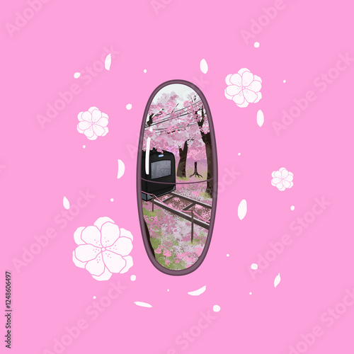 isolated capsule, pill with train traveling in Japan illustration art. Sakura