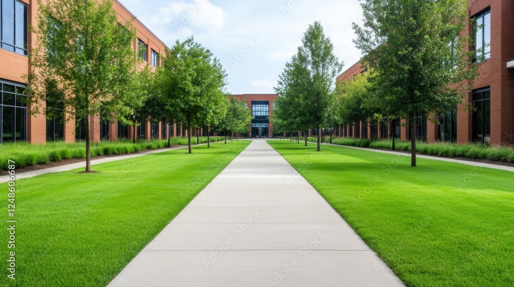 Tranquil Pathway Through Lush Green Landscape in a Modern Business Complex Courtyard Setting Tranquil Pathway Through Lush Green Landscape in a Modern Business Complex Courtyard Setting