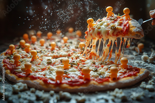 Ultra small cheese men make pizza, pizzeria, fairy tale style photo