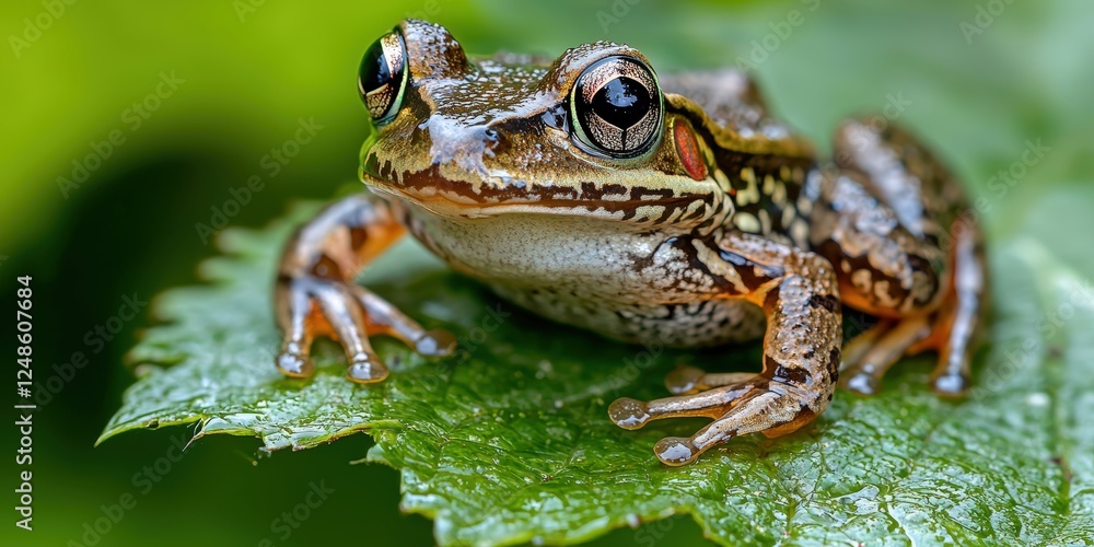 Cute Frog Sitting on Green Leaf and Looking at the Camera with Bright Eyes, Perfect for Nature and Animal Photography Enthusiasts Cute Frog Sitting on Green Leaf and Looking at the Camera with Bright Eyes, Perfect for Nature and Animal Photography Enthusiasts