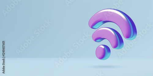 Wi Fi technology background 3d vector illustration with purple holographic wireless internet connection symbol on blue.
