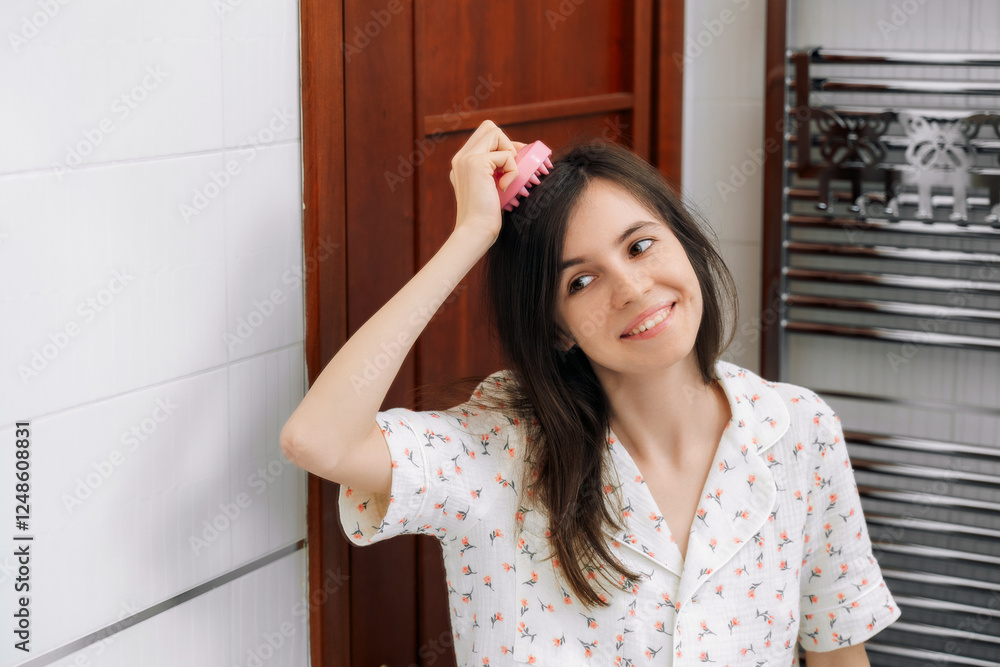 Beautiful young woman using hair scalp massager Beautiful young woman using hair scalp massager