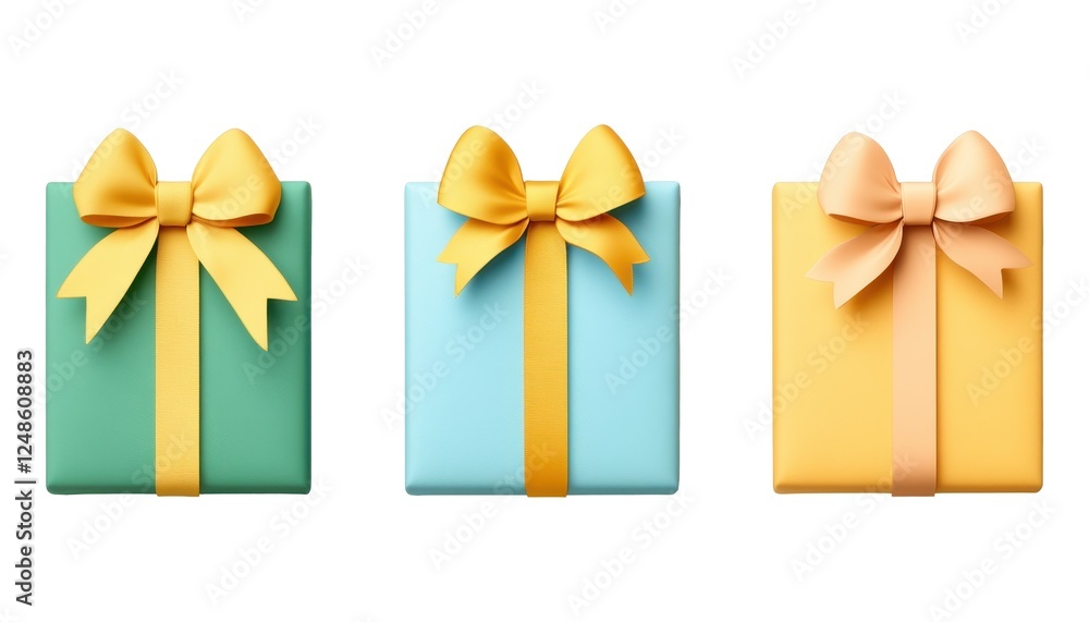 Three Gift Boxes with Yellow Bows, Pastel Green, Light Blue, and Golden Yellow, Isolated on White Background Cutout Three Gift Boxes with Yellow Bows, Pastel Green, Light Blue, and Golden Yellow, Isolated on White Background Cutout