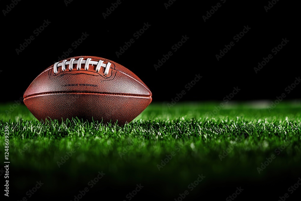 Obraz premium A football is currently resting on the sideline of a football field