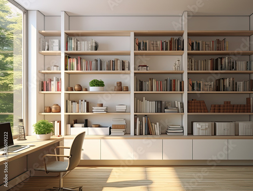 Bright and Airy Home Office with Bookshelves and Sunlight Streaming Through Window