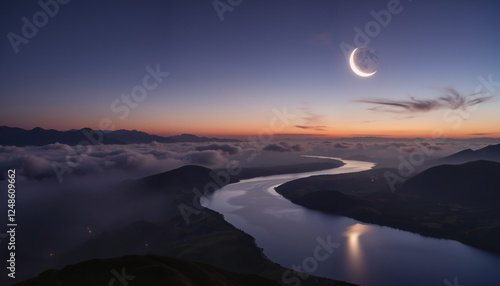 Misty crescent moon illuminating winding riverbend at dusk, serene beauty photo