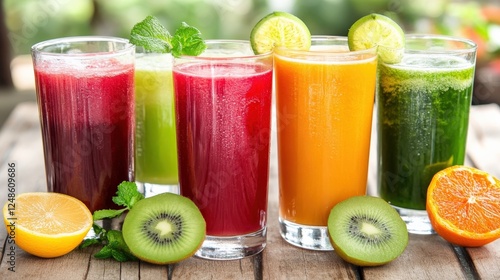 Refreshing assortment of colorful fruit juices served in tall glasses on a wooden table outdoors