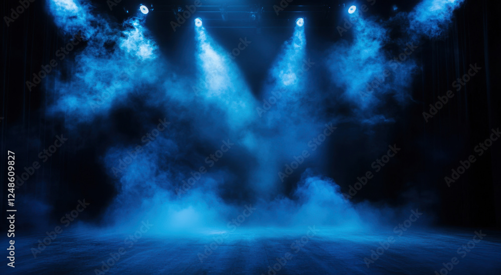 Atmosphere filled with blue light and smoke effects enhances the mood in a dark room, suitable for performances and creative events Atmosphere filled with blue light and smoke effects enhances the mood in a dark room, suitable for performances and creative events