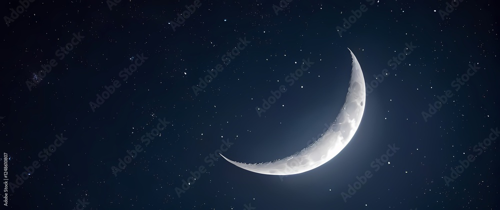 A breathtaking closeup of a crescent moon shining brightly in a navy sky surrounded by twinkling stars representing dreams and wonder. Extremely detailed high resolution illustration. A breathtaking closeup of a crescent moon shining brightly in a navy sky surrounded by twinkling stars representing dreams and wonder. Extremely detailed high resolution illustration.
