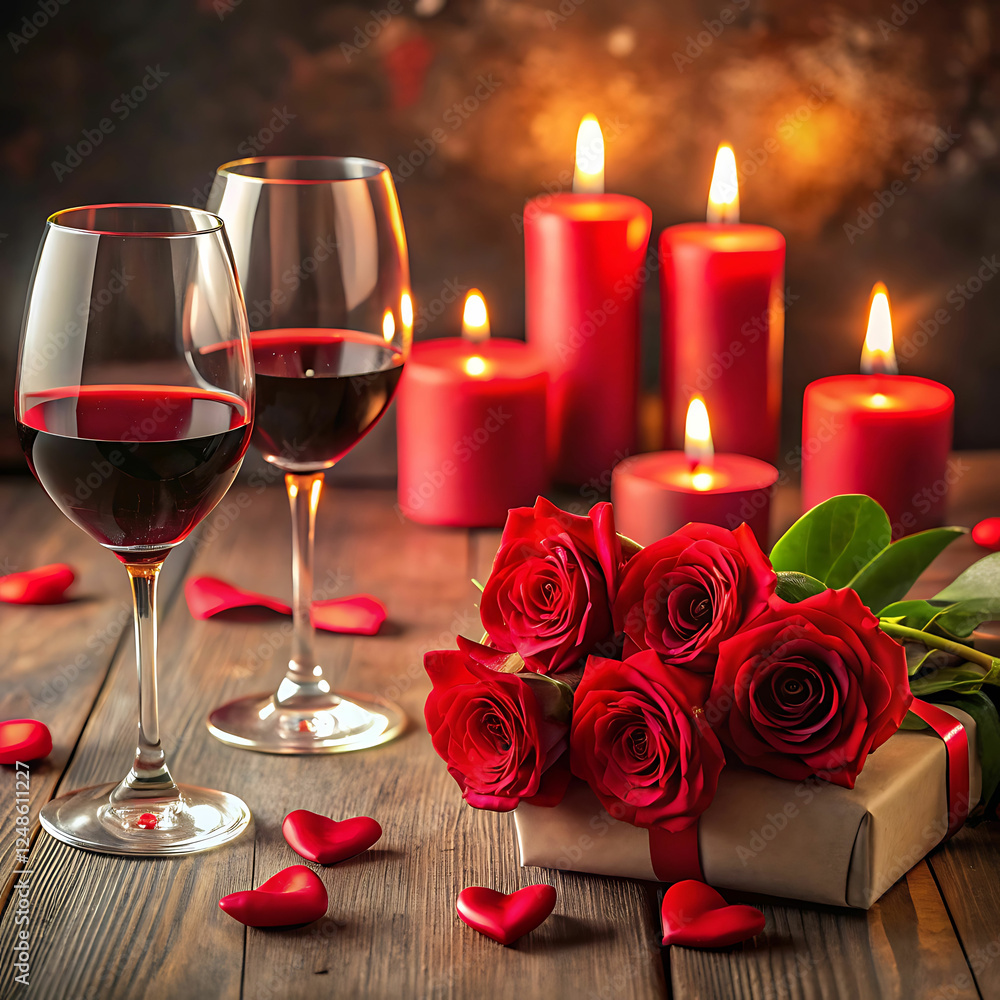 Romantic table with red roses, heart candles, and wine Romantic table with red roses, heart candles, and wine