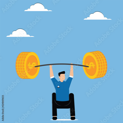 Businessman lifting weights, heavy debt, overloaded financial burdens and pressures, business challenges