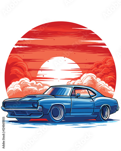 Silhouette of a vintage dragster at sunset, dramatic lighting, fiery sky backdrop.  Detailed car profile, nostalgic feel.