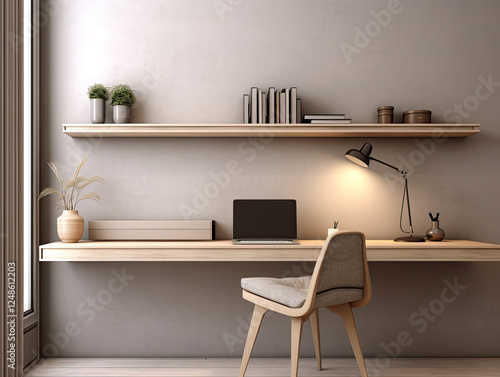 Serene Minimalist Home Office with Floating Desk and Shelves