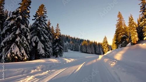 The golden sunlight illuminates snow-covered pine trees along a winter trail in a serene forest landscape. Suitable for ski-run sport