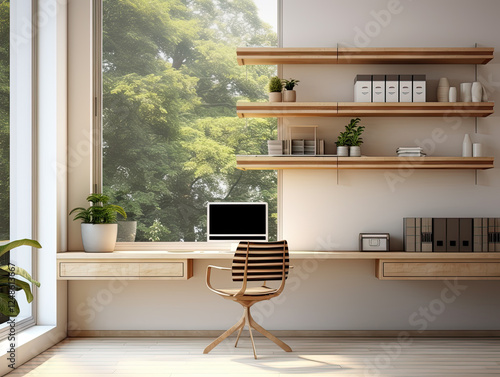 Bright Minimalist Home Office with Natural Light and Green View