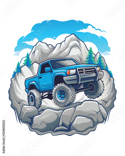 Create a vibrant vector illustration of a powerful off-road truck conquering a rugged, mountainous terrain.  Show dynamic movement and textured detail.