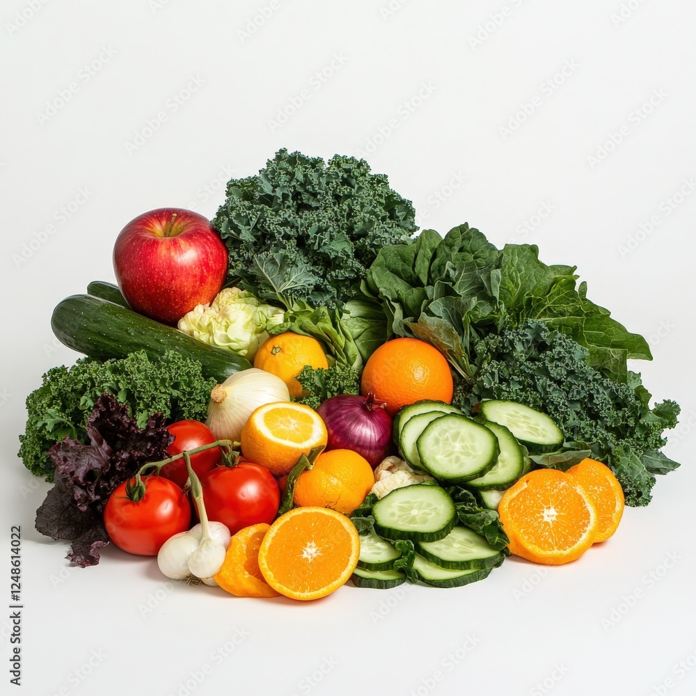 A colorful pile of fruits and vegetables on a white surface A colorful pile of fruits and vegetables on a white surface