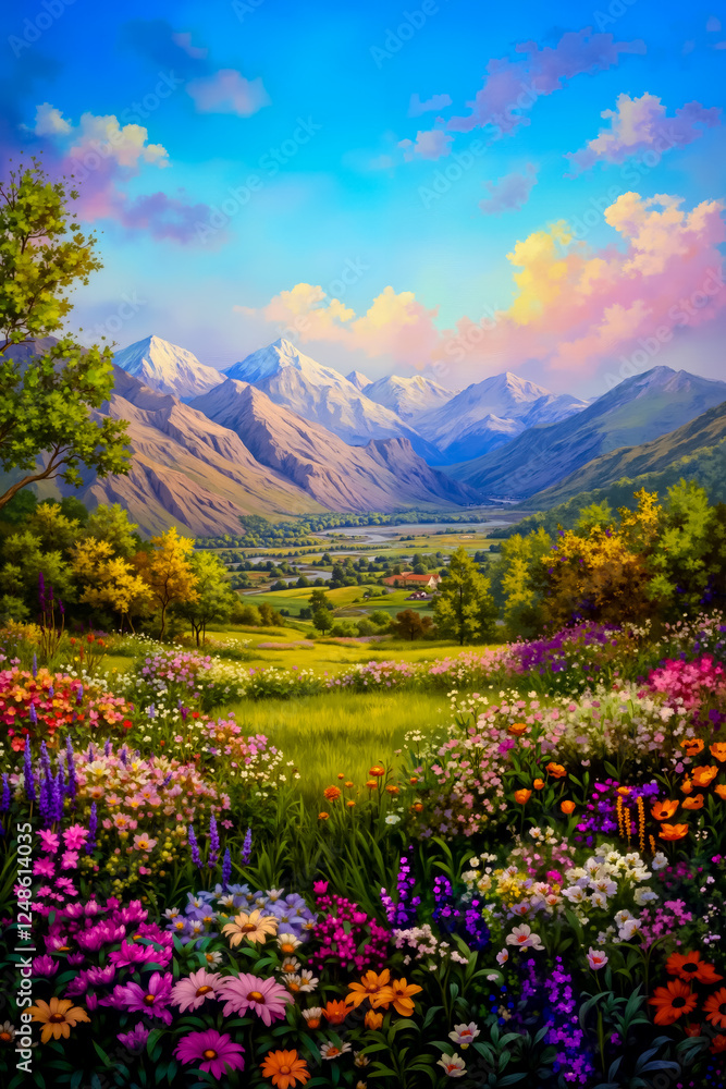 A painting of a field of flowers with mountains in the background A painting of a field of flowers with mountains in the background