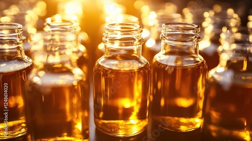 Rows of glass bottles filled with golden liquid illuminated by sunset, creating a warm ambiance