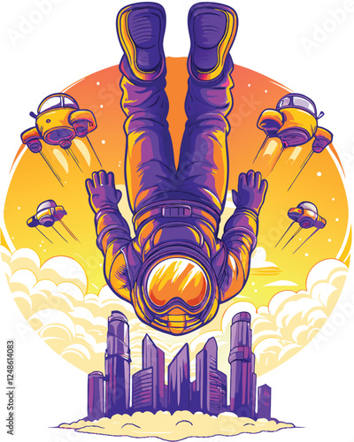 Create a vector illustration of a futuristic racer wearing a high-tech exosuit, poised for a race, dynamic pose, vibrant colors.