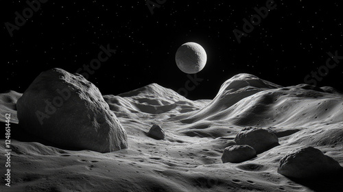 A rocky lunar surface under the starry sky, with the Moon glowing brightly and casting detailed shadows photo