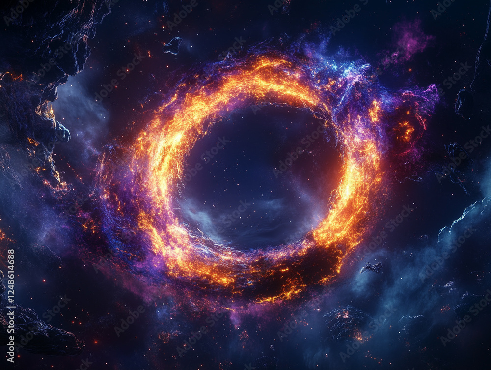 Obraz premium Vibrant black hole over star field in outer space featuring abstract 'O' shape and sparks of light – high-resolution space wallpaper