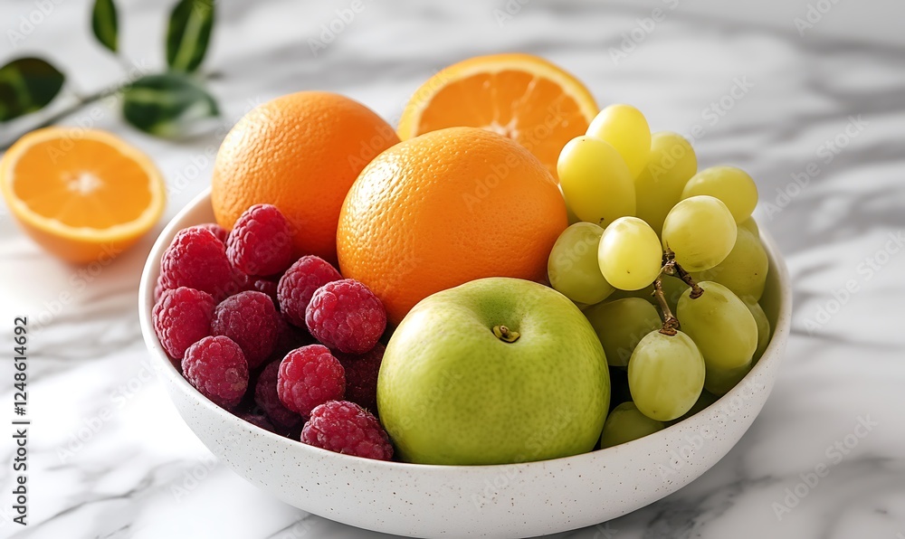 Vibrant assortment of fruits elegantly arranged in a speckled white bowl Vibrant assortment of fruits elegantly arranged in a speckled white bowl