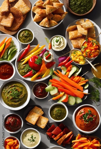 Wallpaper Mural vibrant display assorted dipping sauces accompanied colorful appetizers garnished fresh ingredients, platter, vegetables, snack, flavor, herb, bowl, mixture Torontodigital.ca