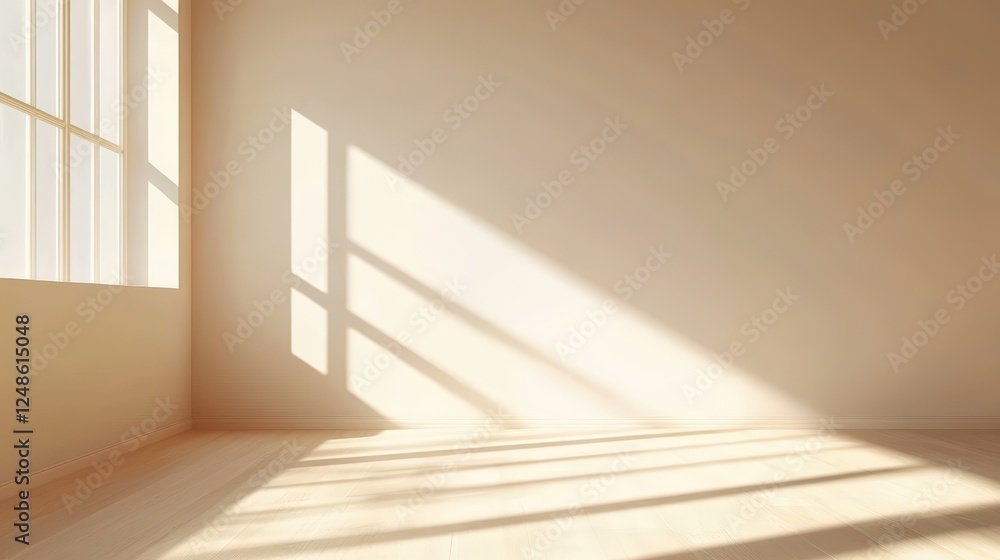 Fototapeta premium Bright and Airy Empty Room with Natural Light Streaming Through Windows and Casting Shadows on the Floor Perfect for Interior Design Concepts