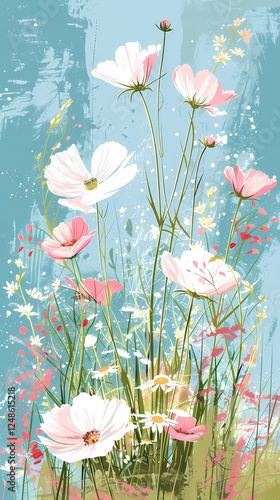 Spring field white flowers pattern illustration poster background