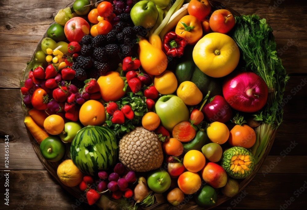 vibrant arrangement fresh produce rustic wooden background showcasing colorful array fruits vegetables, display, organic, assorted, seasonal, natural, gourmet