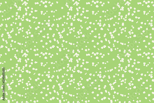 Seamless pattern of tiny white floral dots, small spots, little drops scattered across a green background. This playful, minimalist design is perfect for print, textiles, gift wrap, wallpapers