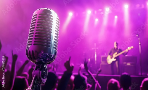 A microphone is placed in front of a large crowd at a concert event