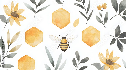 Yellow flowers and honeycombs with a bee against a transparent background in watercolor style