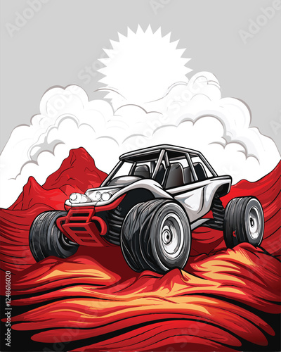 Create a detailed vector illustration of a desert rally race car speeding across dramatic sand dunes under a blazing sun.  Include realistic textures and dynamic motion.