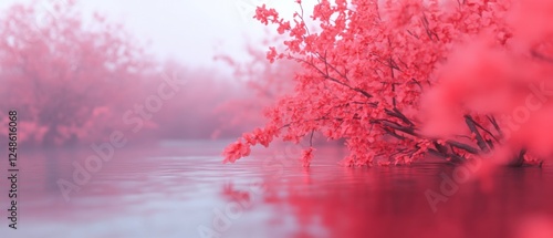 pink cherry blossoms reflecting in water on a misty day