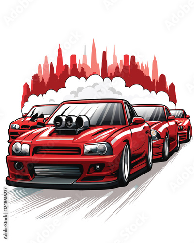 Vector illustration of a lineup of street racers,  ready to compete, showcasing customized cars at night.