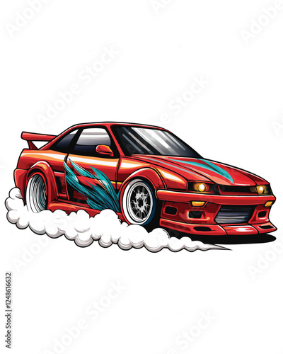 Create a vector illustration of a customized drift car featuring vibrant, stylized decals.  Emphasis on sleek lines and dynamic pose.