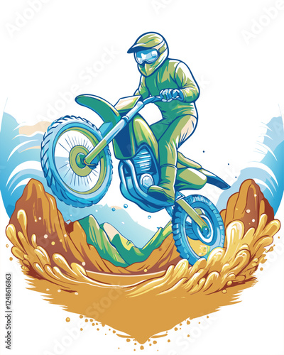 Vector illustration of a dirt bike racer performing a daring jump over a steep incline during an off-road race.