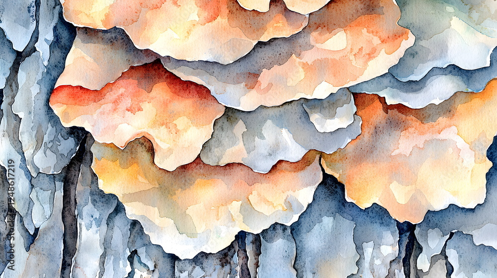 Obraz premium Layered colorful mushroom growth on textured bark surface, showcasing earthy tones and natural patterns.