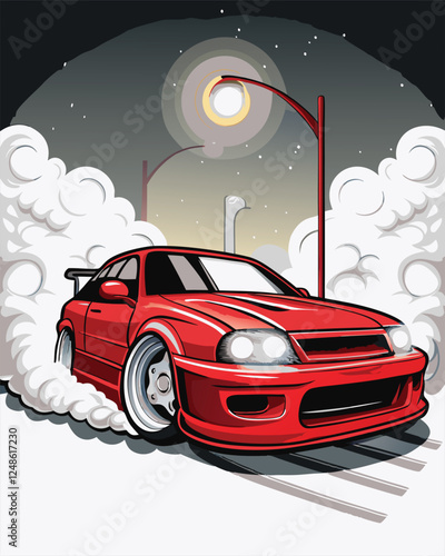 Vector illustration of a street racer car performing a burnout at a red traffic light, smoke and tire marks visible.