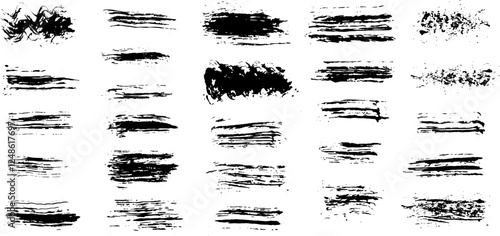 Black dried paint splattered dirty style. Stock image of Isolated ink stencils for graphic design, text fields. Artistic brush strokes, splatter stains, paintbrush, overlay